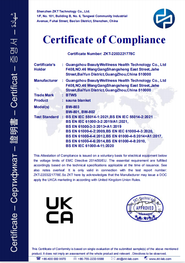 UKCA Safety Certification for Sauna Blanket